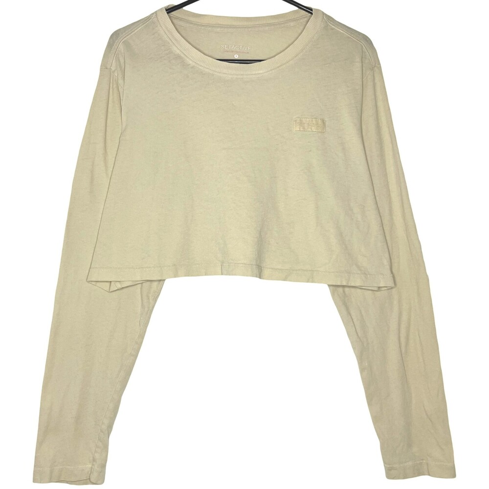 SET Active Basics Womens Shirt Small Beige Cotton Long Sleeve Crew Crop Boxy USA